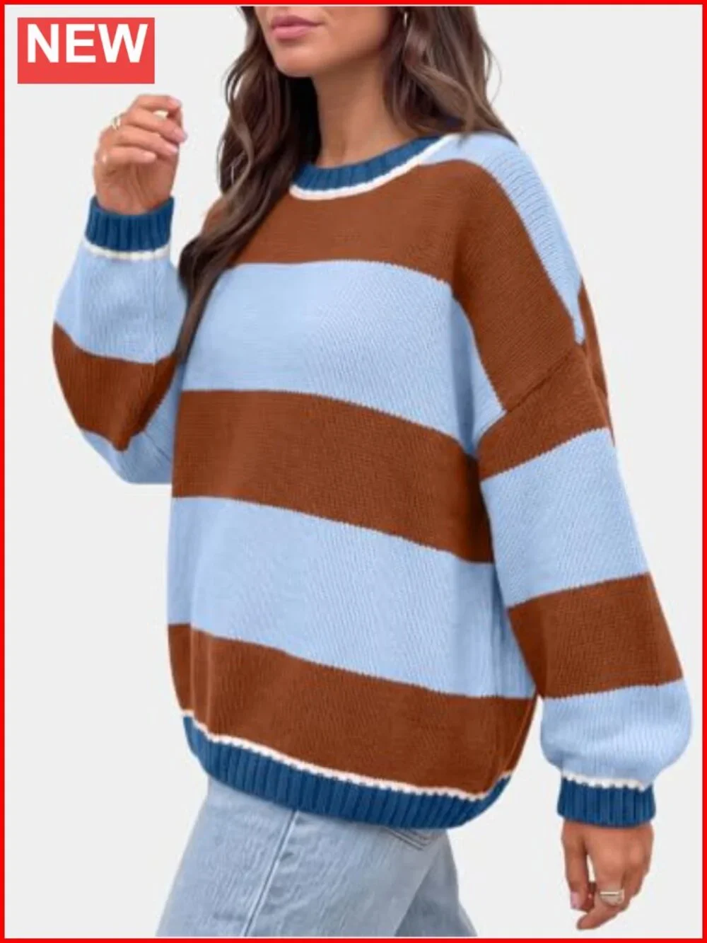 Oversized Striped Crewneck Knit Pullover Sweater Cotton Blend